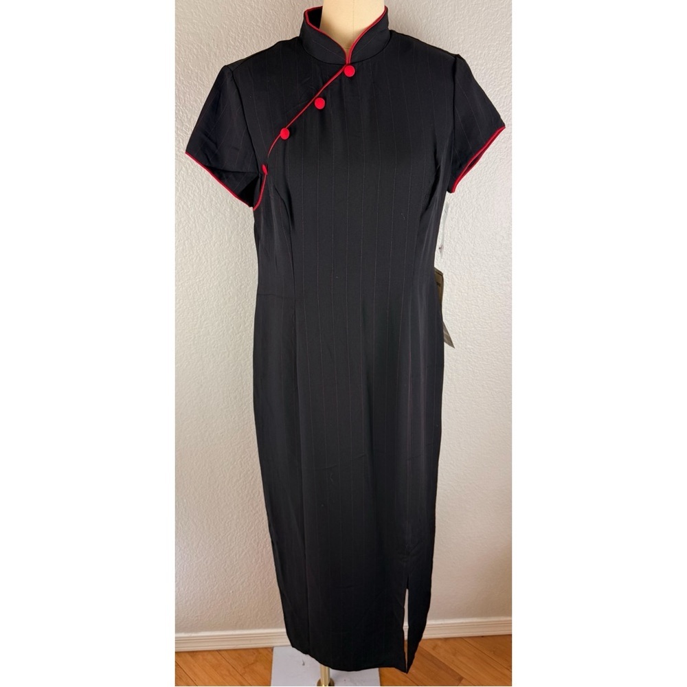 S.L. Fashions NWT Black Maxi Dress with Red Strips & Buttons Zip Back size 10 - Picture 2 of 14